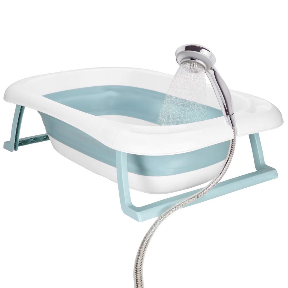Cadita de baie pliabila pentru bebelusi cu termometru electronic LCD si perna de sustinere inclusa, capacitate 35 L, dop de scurgere, pentru copii pana la 12 luni, 82x52x22 cm, alb si albastru - imagine 12