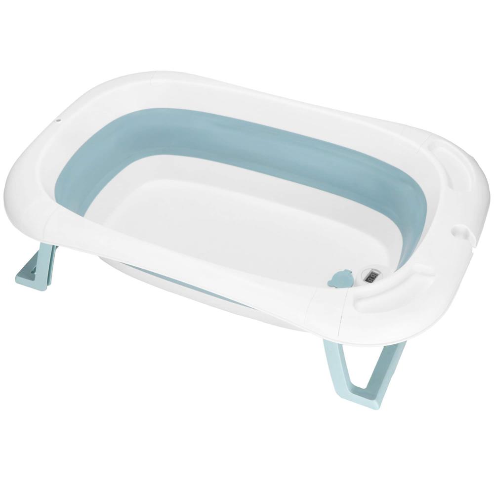 Cadita de baie pliabila pentru bebelusi cu termometru electronic LCD si perna de sustinere inclusa, capacitate 35 L, dop de scurgere, pentru copii pana la 12 luni, 82x52x22 cm, alb si albastru - imagine 14
