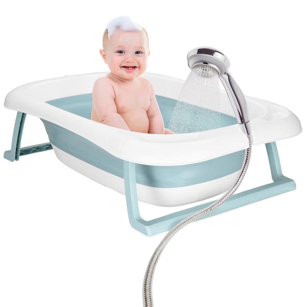 Cadita de baie pliabila pentru bebelusi cu termometru electronic LCD si perna de sustinere inclusa, capacitate 35 L, dop de scurgere, pentru copii pana la 12 luni, 82x52x22 cm, alb si albastru - imagine 16