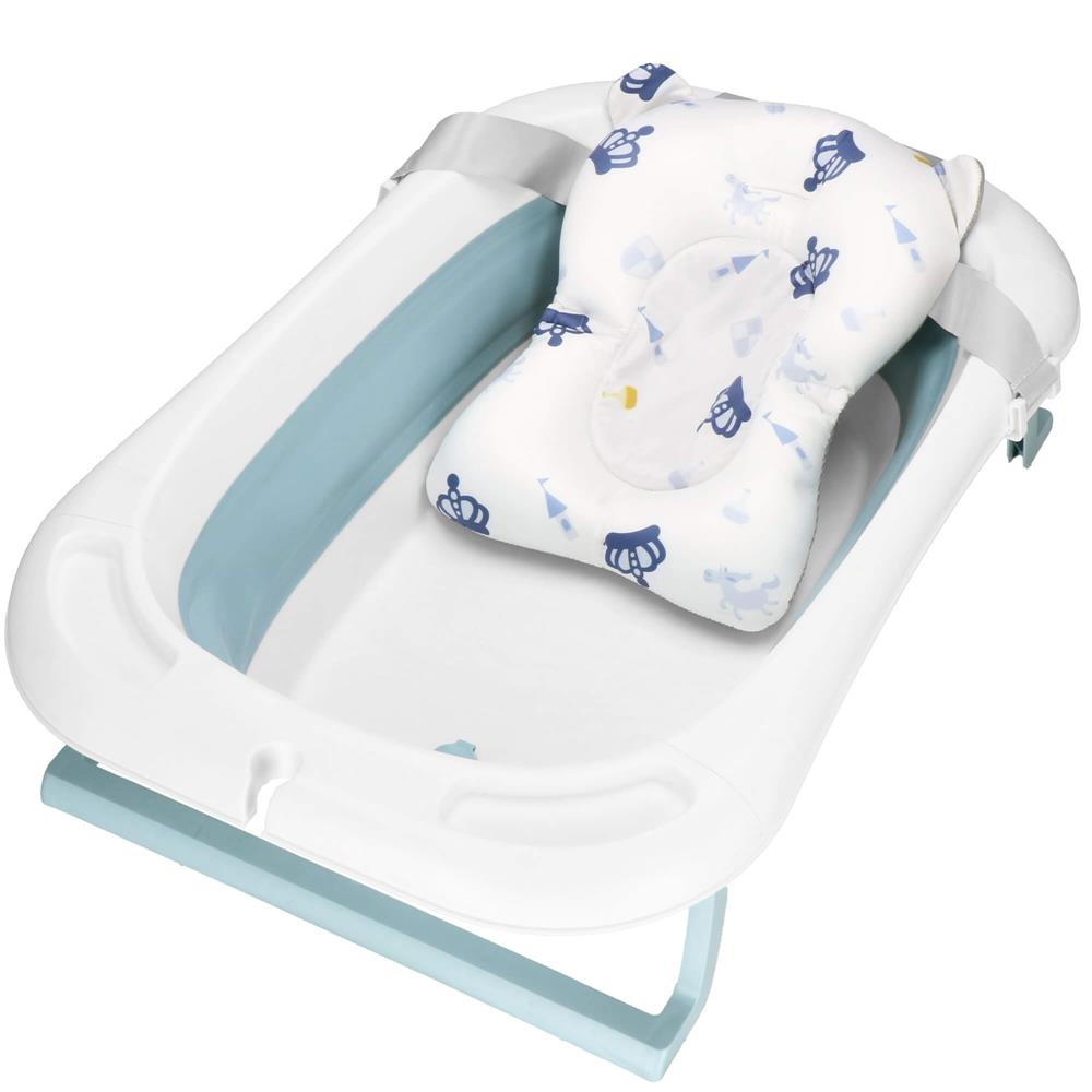 Cadita de baie pliabila pentru bebelusi cu termometru electronic LCD si perna de sustinere inclusa, capacitate 35 L, dop de scurgere, pentru copii pana la 12 luni, 82x52x22 cm, alb si albastru - imagine 18