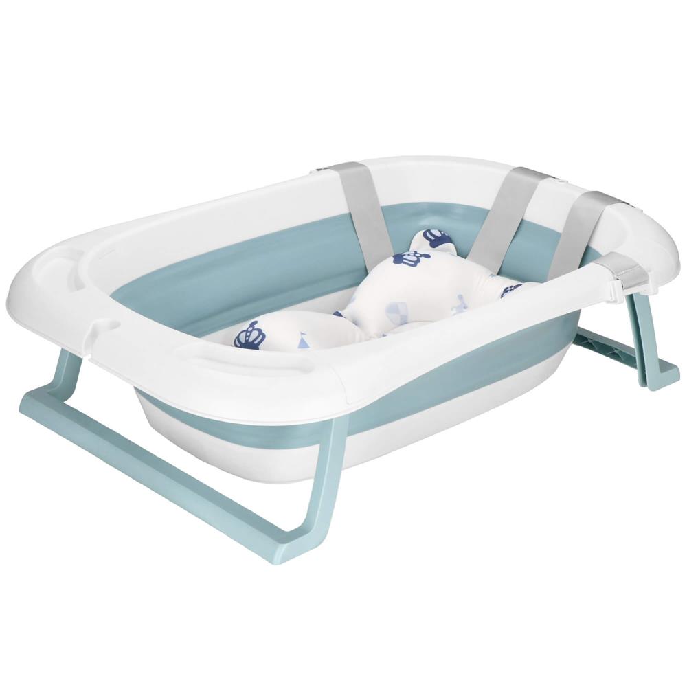 Cadita de baie pliabila pentru bebelusi cu termometru electronic LCD si perna de sustinere inclusa, capacitate 35 L, dop de scurgere, pentru copii pana la 12 luni, 82x52x22 cm, alb si albastru - imagine 20