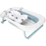 Cadita de baie pliabila pentru bebelusi cu termometru electronic LCD si perna de sustinere inclusa, capacitate 35 L, dop de scurgere, pentru copii pana la 12 luni, 82x52x22 cm, alb si albastru