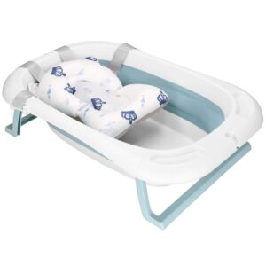Cadita de baie pliabila pentru bebelusi cu termometru electronic LCD si perna de sustinere inclusa, capacitate 35 L, dop de scurgere, pentru copii pana la 12 luni, 82x52x22 cm, alb si albastru