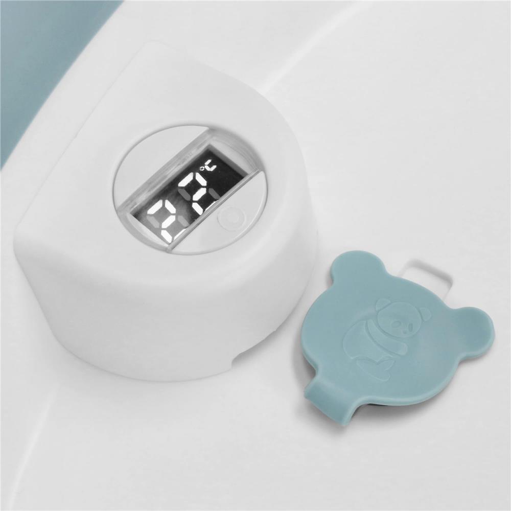 Cadita de baie pliabila pentru bebelusi cu termometru electronic LCD si perna de sustinere inclusa, capacitate 35 L, dop de scurgere, pentru copii pana la 12 luni, 82x52x22 cm, alb si albastru - imagine 24