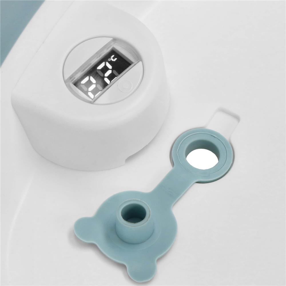Cadita de baie pliabila pentru bebelusi cu termometru electronic LCD si perna de sustinere inclusa, capacitate 35 L, dop de scurgere, pentru copii pana la 12 luni, 82x52x22 cm, alb si albastru - imagine 25
