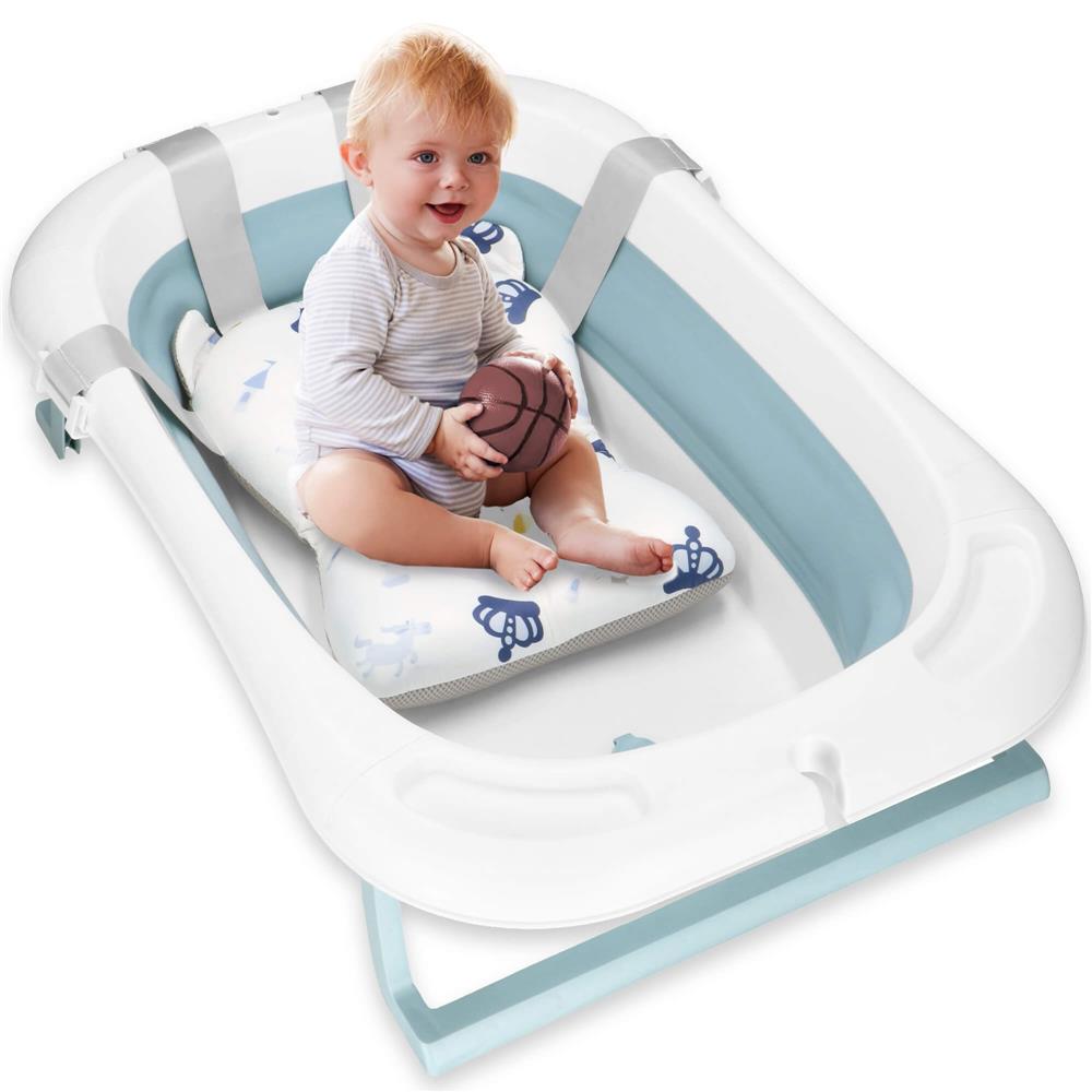 Cadita de baie pliabila pentru bebelusi cu termometru electronic LCD si perna de sustinere inclusa, capacitate 35 L, dop de scurgere, pentru copii pana la 12 luni, 82x52x22 cm, alb si albastru - imagine 5