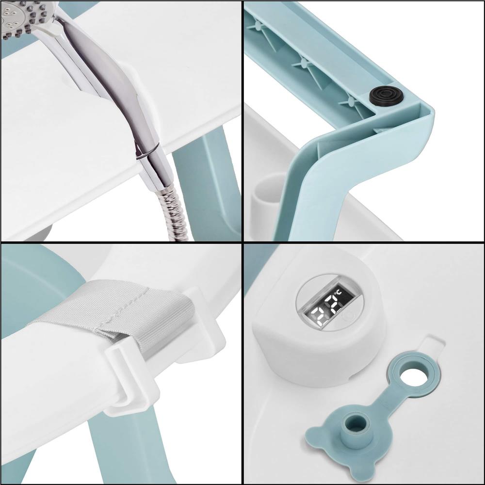 Cadita de baie pliabila pentru bebelusi cu termometru electronic LCD si perna de sustinere inclusa, capacitate 35 L, dop de scurgere, pentru copii pana la 12 luni, 82x52x22 cm, alb si albastru - imagine 31