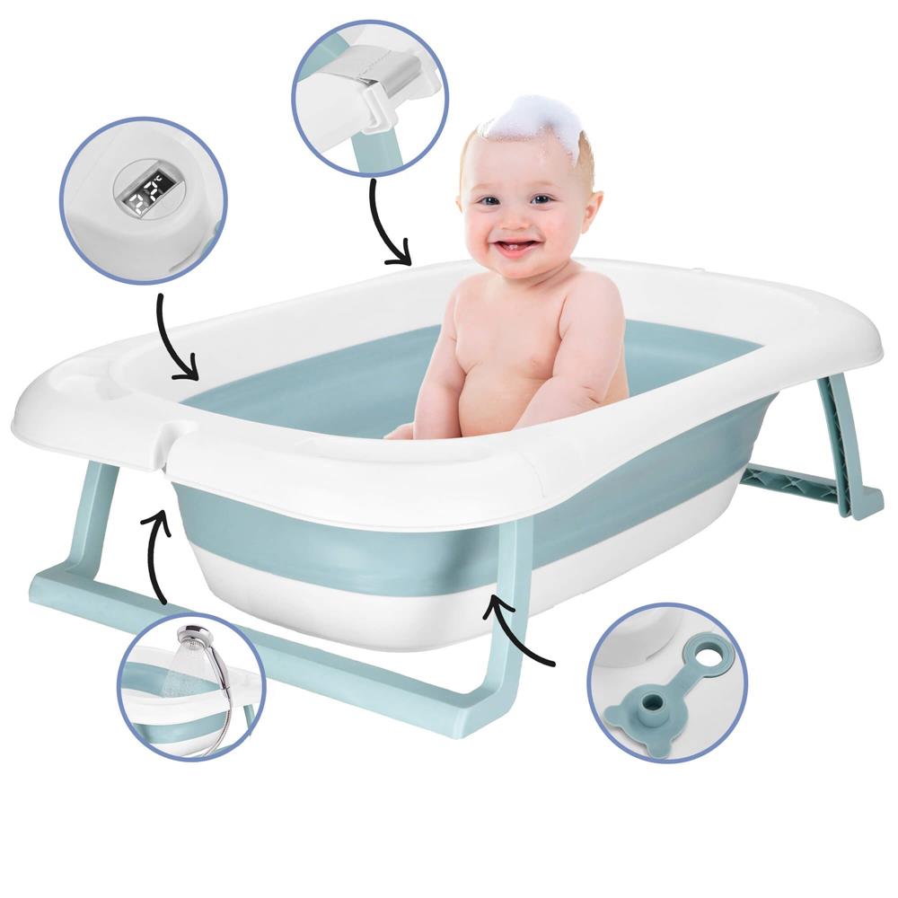 Cadita de baie pliabila pentru bebelusi cu termometru electronic LCD si perna de sustinere inclusa, capacitate 35 L, dop de scurgere, pentru copii pana la 12 luni, 82x52x22 cm, alb si albastru - imagine 35