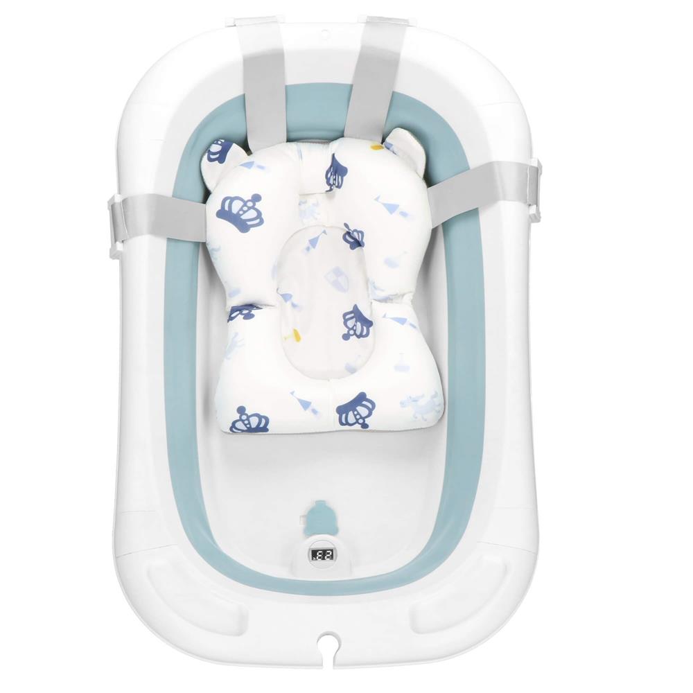 Cadita de baie pliabila pentru bebelusi cu termometru electronic LCD si perna de sustinere inclusa, capacitate 35 L, dop de scurgere, pentru copii pana la 12 luni, 82x52x22 cm, alb si albastru - imagine 36