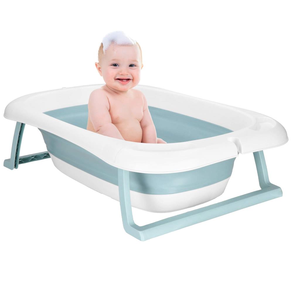 Cadita de baie pliabila pentru bebelusi cu termometru electronic LCD si perna de sustinere inclusa, capacitate 35 L, dop de scurgere, pentru copii pana la 12 luni, 82x52x22 cm, alb si albastru - imagine 6