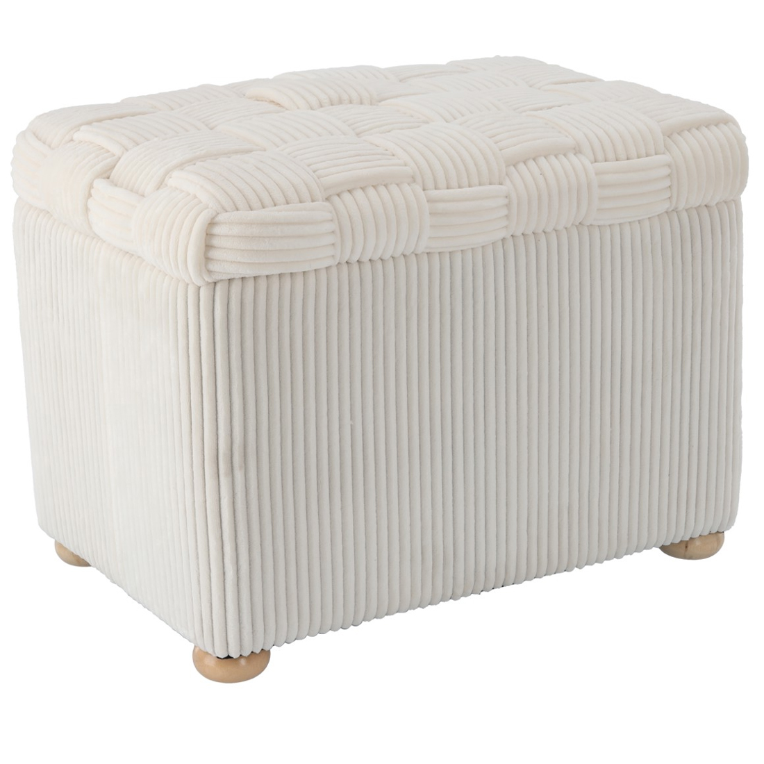 Taburet puf dreptunghiular cu sezut impletit si laterale cu textura striata, ideal ca loc suplimentar de sedere sau suport pentru picioare, potrivit pentru living, dormitor, dressing sau hol, 60x40x44 cm, bej