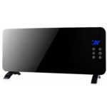 Convector electric 2000 W cu panou frontal din sticla securizata, 2 trepte de incalzire, termostat reglabil, afisaj LED si temporizator 24 ore, montaj pe perete sau podea, protectie IP24 impotriva stropilor de apa, 92x24x43 cm, negru