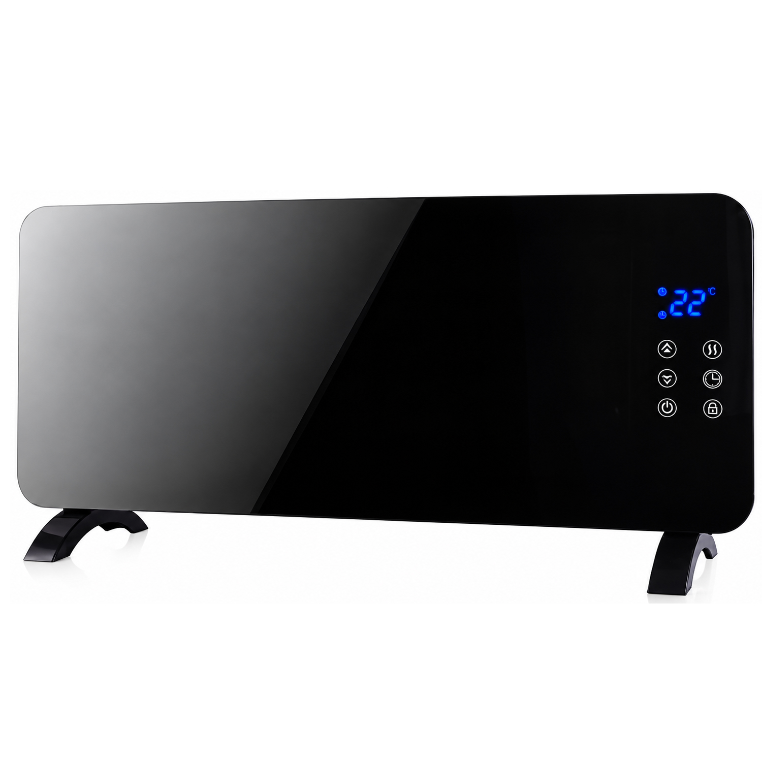 Convector electric 2000 W cu panou frontal din sticla securizata, 2 trepte de incalzire, termostat reglabil, afisaj LED si temporizator 24 ore, montaj pe perete sau podea, protectie IP24 impotriva stropilor de apa, 92x24x43 cm, negru