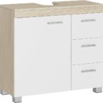 VASAGLE Dulap pentru baie sub chiuveta cu 3 sertare si usa, 2 compartimente de depozitare, raft interior reglabil, structura din MDF, organizare prosoape si accesorii, 70x30x64 cm, alb si bej natural