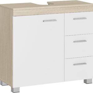 VASAGLE Dulap pentru baie sub chiuveta cu 3 sertare si usa, 2 compartimente de depozitare, raft interior reglabil, structura din MDF, organizare prosoape si accesorii, 70x30x64 cm, alb si bej natural